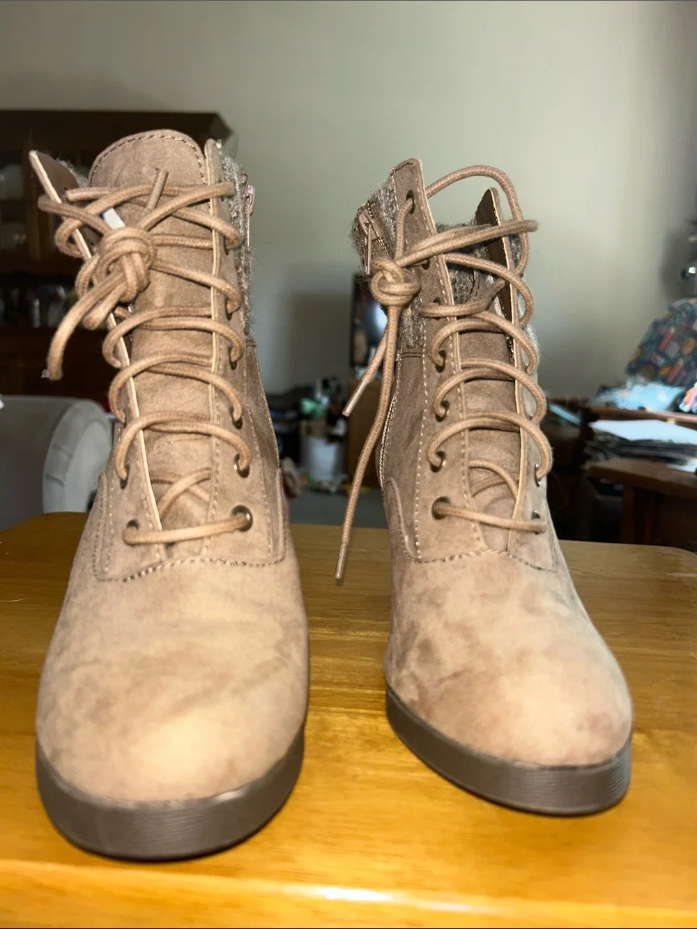 So 6 1/2 Mediun Women's Taupe Wedge Ankle Boots - Knit Collar